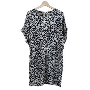 Sea New York Silk Blend Dress Navy Leopard Print Short Sleeve Drawstring, Size 6